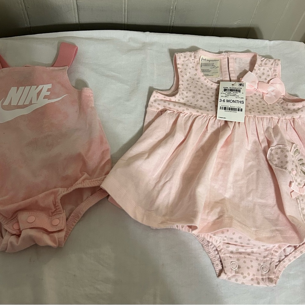 Lot Of 2-Pink Nike Tie-Dye Romper/First Impressions Giraffe Dress Bodysuit 3/6 M